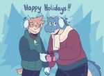 &lt;3 2023 anthro blue_background blush bottomwear bovid caprine christmas clothed clothing coat crocodile crocodilian crocodylid doginacafe duncan_(doginacafe) duo earmuffs eddie_(doginacafe) english_text eyewear fur gift glasses goat hand_holding hi_res holding_object holidays jacket looking_at_viewer male mammal outside pants plant reptile scales scalie scarf simple_background smile standing sweater text topwear tree tuft