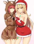  2girls absurdres animal_ears animal_hood antlers asymmetrical_docking belt black_belt black_gloves blonde_hair breast_press breasts chest_jewel christmas closed_mouth commentary_request core_crystal_(xenoblade) deer_ears dress drop_earrings earrings elbow_gloves fake_animal_ears fake_antlers fingerless_gloves fur-trimmed_dress fur-trimmed_headwear fur_trim gloves hat heart heart_hands heart_hands_duo highres hood jewelry large_breasts long_hair looking_at_viewer multiple_girls mythra_(xenoblade) pyra_(xenoblade) red_dress red_eyes red_gloves red_hair red_headwear reindeer_antlers santa_costume santa_dress santa_hat short_hair simple_background smile swept_bangs thigh_strap xenoblade_chronicles_(series) xenoblade_chronicles_2 yellow_eyes zatma0041 