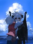 1boy 1girl artist_name black_clover black_sclera blue_sky cloud colored_sclera demon_boy demon_wings grey_hair highres hug licita_(black_clover) liebe_(black_clover) looking_at_viewer mother_and_son ocean poonwip red_pupils sky white_hair wings 
