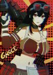  1girl black_hair blue_sealad breasts character_name commentary cowboy_shot detached_sleeves eyewear_on_head food gloves grace_howard gun highres holding holding_gun holding_weapon long_hair looking_at_viewer medium_breasts midriff mixed-language_commentary navel open_mouth polka_dot polka_dot_background red_eyes solo weapon white_gloves zenless_zone_zero 