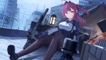  1girl angel_ina ar-15 black_gloves black_jacket black_pantyhose breasts city flashlight gloves gun heterochromia highres jacket looking_at_viewer optical_sight original pantyhose purple_eyes purple_hair rifle smile solo suppressor weapon yellow_eyes 