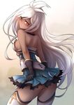  ahoge ass bare_shoulders black_gloves blush breasts dark_skin gloves granblue_fantasy long_hair looking_at_viewer looking_back medium_breasts open_mouth red_eyes sideboob solo thighhighs waero white_hair zooey_(granblue_fantasy) 