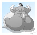 2019 anthro back_muscles belly big_belly big_biceps big_butt big_feet black_hair butt canid canine canis digital_media_(artwork) feet flexing_both_biceps fur grey_body grey_fur hair hi_res huge_butt hyper hyper_belly hyper_butt juano looking_at_viewer looking_back looking_back_at_viewer male mammal mike_(th0mas) morbidly_obese morbidly_obese_anthro morbidly_obese_male musclegut muscular muscular_anthro muscular_male nude obese obese_anthro obese_male overweight overweight_anthro overweight_male paws plantigrade rear_view simple_background sitting smile solo tail thick_thighs wide_hips wolf