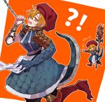  !? 1girl apron blonde_hair blue_dress boots don_quixote_(project_moon) dress e.g.o_(project_moon) fangs holding holding_staff limbus_company lizard_tail open_mouth oven_mitts project_moon red_footwear red_headwear short_hair sinclair_(project_moon) staff tail vambraces white_apron yellow_eyes yono_neie 