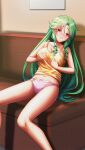  1girl bare_arms bare_legs bow bow_panties breasts cleavage collarbone doukyuusei doukyuusei_another_world drill_hair game_cg grabbing_own_breast green_hair hair_between_eyes hair_intakes half-closed_eyes indoors large_breasts leaning_back long_hair midriff navel official_art panties pink_panties sakuma_chiharu sitting solo spaghetti_strap stomach tank_top underwear very_long_hair yellow_eyes yellow_tank_top 