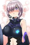  aruva bare_shoulders blush breasts breath commentary_request cowboy_shot elbow_gloves fate/grand_order fate_(series) gloves hair_over_one_eye heart heart-shaped_pupils heavy_breathing large_breasts mash_kyrielight navel purple_eyes purple_hair shirt short_hair sleeveless sleeveless_shirt solo sweat symbol-shaped_pupils translated upper_body 