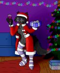 absurd_res anthro breasts christmas christmas_clothing clothed clothing domestic_cat felid feline felis female fur genitals hi_res holidays mammal nipples pussy simple_background small_breasts solo tail winter_sunshine