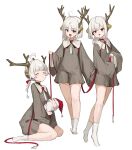  3girls absurdres ahoge animal_ears antlers bell between_legs braid brown_dress character_doll christmas closed_eyes collar collared_dress commentary_request deer_ears deer_girl dress full_body hair_over_shoulder hand_between_legs highres holding holding_leash holding_stuffed_toy leash long_hair long_sleeves looking_at_viewer multiple_girls no_shoes open_mouth original parted_bangs reindeer_antlers shiro_wa_(shiroshironix) simple_background sitting smile socks standing stuffed_toy tiptoes white_background white_hair white_socks wide_sleeves 