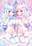  2girls :d animal_ear_fluff animal_ears animal_hands bikini blue_bow blue_capelet blush bow breasts brown_eyes capelet cat_ear_bikini cat_ears cleavage comiket_103 commentary_request fang fur-trimmed_bikini fur-trimmed_capelet fur-trimmed_gloves fur_trim gloves grey_hair hair_between_eyes hair_bow hair_intakes hair_ornament hand_up hasune highres long_hair medium_breasts multiple_girls navel no_shoes one_side_up original paw_gloves pink_bow pink_capelet pink_hair smile snowflakes swimsuit thighhighs very_long_hair white_bikini white_gloves white_thighhighs 