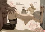  1girl 2b_(nier:automata) 3boys 9s_(nier:automata) :d against_wall artist_name ass_grab beer_can black_thighhighs breasts can censored commentary dark-skinned_male dark_skin doggystyle drink_can drinking english_commentary english_text faceless faceless_male hand_on_wall hanging_breasts hetero highres holding holding_can interracial moaning mosaic_censoring multiple_boys nier:automata nier_(series) nipples nude penis sex skindentation smile speech_bubble testicles thighhighs vaginal wjs07 