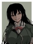  black_hair breasts brown_eyes chikuma_(kantai_collection) emphasis_lines evil_smile grin kantai_collection large_breasts long_hair looking_at_viewer shiba_yuuki smile solo upper_body 