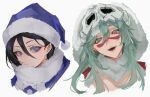  2girls black_hair bleach close-up closed_mouth colored_eyelashes commentary_request eyelashes facial_mark frown fur-trimmed_hood fur_trim green_hair hair_between_eyes hair_ornament hat head_tilt highres hood hood_up kuchiki_rukia light_blush lips long_hair looking_at_viewer multiple_girls nelliel_tu_odelschwanck open_mouth purple_eyes santa_costume santa_hat santa_hood scar scar_on_face scarf short_hair simple_background sketch skull_hair_ornament smile teeth tsurime ui_1231 white_background white_scarf yellow_eyes 