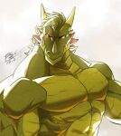 2019 abs anthro crever_(fansl) dated digital_media_(artwork) dragon eye_scar facial_horn facial_scar facial_spikes fansl green_body green_hair green_scales hair head_horn heterochromia hi_res horn jaw_spikes looking_at_viewer male muscular muscular_anthro muscular_arms muscular_male nose_horn orange_spikes pecs scales scalie scar serious signature simple_background solo spikes spikes_(anatomy) white_background wingless_dragon yellow_horn
