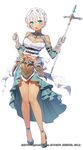  bare_shoulders blue_eyes breasts cleavage dark_skin full_body gem gloves looking_at_viewer medium_breasts mole mole_under_eye official_art open_mouth original short_hair solo staff standing sukja white_hair 