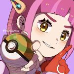  1girl arched_bangs crossed_wrists eyelashes gloves hair_ornament hairclip highres holding holding_poke_ball lacey_(pokemon) looking_at_viewer medium_hair nest_ball pink_hair poke_ball pokemon pokemon_sv red_gloves single_glove smile solo yellow_eyes yomogi_dango_(sbj_rocketlink) 