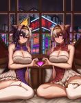  &gt;_&lt; aged_up alternate_breast_size azur_lane bare_shoulders breasts building chao_ho_(azur_lane) chinese_clothes chinese_commentary cityscape cleavage cone_hair_bun dress feet_out_of_frame framed_breasts hair_bun hair_horns hair_intakes heart heart_hands heart_hands_duo highres indoors large_breasts long_hair looking_at_viewer manjuu_(azur_lane) multicolored_hair neon_lights night ohwani333 purple_dress purple_eyes purple_hair red_hair siblings single_thighhigh sisters sitting skindentation skyscraper split-color_hair thighhighs two-tone_hair very_long_hair white_hair white_thighhighs window ying_swei_(azur_lane) 