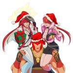 ankh_necklace ashensol bell box breasts christmas cleavage colored_inner_hair crossover gift gift_box green_eyes guilty_gear guilty_gear_strive hair_over_eyes hat highres jack-o&#039;_valentine jewelry marisa_(street_fighter) mask multicolored_hair multiple_crossover necklace red_hair santa_hat shermie_(kof) short_hair sitting_on_shoulder street_fighter street_fighter_6 the_king_of_fighters the_king_of_fighters_xv trait_connection unworn_mask 