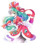  1girl bow clothes_lift dress dress_lift fur-trimmed_dress fur_trim green_eyes green_hair hair_bow highres ichizen_(o_tori) kagiyama_hina lifted_by_self looking_at_viewer looking_back red_bow red_dress santa_dress smile solo star_(symbol) touhou white_background 