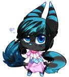 ambiguous_gender anthro black_body black_fur black_hair blue_ears blue_eyes blue_hair blue_highlights blue_markings blue_nose bow_ribbon chibi clothing dress facial_markings fayette_frost feathered_tail feathers fizzyembers fur fur_tuft furry_tail hair head_markings highlights_(coloring) long_ears long_tail markings medium_hair pink_clothing pink_dress smile solo striped_ears tail tail_feathers tizzle_bizzle tuft unknown_species