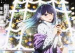  1girl :d absurdres aqua_eyes aqua_nails black_hair blue_hair blurry blurry_background blush breath christmas christmas_ornaments christmas_tree coffee_cup commentary cup disposable_cup earrings english_commentary eyelashes floating_hair fringe_trim gradient_hair hands_up happy highres hirayama_kanna holding holding_cup jewelry kurokawa_akane long_hair long_sleeves looking_at_viewer multicolored_hair nail_polish night nose_blush official_art open_mouth oshi_no_ko outdoors purple_scarf ribbed_sweater scarf smile snowflake_earrings snowing solo steam straight_hair sweater swept_bangs teeth turtleneck turtleneck_sweater upper_body upper_teeth_only white_sweater winter 