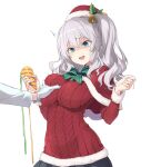  1girl admiral_(kancolle) blush breasts capelet christmas cowboy_shot fur-trimmed_capelet fur-trimmed_headwear fur_trim grabbing grabbing_another&#039;s_breast grey_hair groping hat kantai_collection kashima_(kancolle) large_breasts long_hair red_capelet red_sweater sakana_(flame_sakana) santa_costume santa_hat smile sweater twintails wavy_hair white_background 