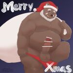 2023 absurd_res anthro balls bear belly big_belly censored christmas christmas_clothing christmas_headwear clothing erection genitals hat headgear headwear hi_res holidays humanoid_hands k_gutless kemono male mammal moobs one_eye_closed overweight overweight_male penis santa_claus santa_hat solo underwear undressing wink