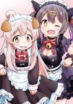  2girls :d ;d ahoge akou_roushi animal_ear_fluff animal_ears bell black_choker black_hair bow bowtie breasts brown_eyes cat_cutout cat_ears choker cleavage_cutout clothing_cutout commentary_request dog_ears hair_between_eyes hair_ornament hairclip jingle_bell long_sleeves looking_at_viewer maid maid_headdress medium_breasts multicolored_hair multiple_girls neck_bell official_alternate_costume one_eye_closed onii-chan_wa_oshimai! open_mouth oyama_mahiro oyama_mihari pink_background pink_hair purple_hair red_bow red_bowtie short_sleeves siblings simple_background sisters skirt_hold smile twintails two-tone_hair wrist_cuffs 