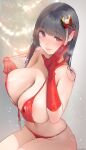  areola_slip bikini bikini_pull black_hair blush breasts christmas cleavage clothes_pull gloves hair_ornament highres inushima large_breasts lips long_hair looking_at_viewer mole mole_under_mouth original red_bikini red_gloves santa_bikini sitting straight_hair string_bikini swimsuit 