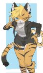 anthro black_body black_fur black_stripes blonde_hair blue_eyes breasts clothed clothing felid female fur hair hi_res kaltespur looking_at_viewer mammal one_eye_closed orange_body orange_fur pantherine solo stripes tiger white_body white_fur