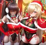  2girls absurdres asuna_(blue_archive) bell belt black_belt black_hair black_pantyhose black_thighhighs blue_archive blue_eyes blue_halo blush breasts capelet christmas christmas_tree cleavage commentary_request dark-skinned_female dark_skin elbow_gloves gloves grin groin hair_between_eyes hair_over_one_eye halo hat highres karin_(blue_archive) large_breasts light_brown_hair long_hair looking_at_viewer multiple_girls pantyhose pom_pom_(clothes) ponytail purple_halo red_capelet red_gloves red_headwear santa_hat smile ssb_(nit8921) thighhighs yellow_eyes 