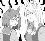  2girls animal_ears aura blood bow bowtie commentary drooling ear_ornament greyscale hair_between_eyes highres horse_ears horse_girl long_hair looking_at_viewer monochrome multicolored_hair multiple_girls nosebleed okumari oriental_art_(racehorse) point_flag_(racehorse) sailor_collar sailor_shirt school_uniform shirt short_hair sidelocks sideways_glance streaked_hair tracen_school_uniform turning_head umamusume upper_body v-shaped_eyebrows winter_uniform 