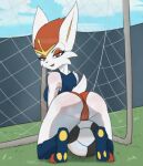 anthro ball big_butt breasts butt camel_toe cinderace clothing digital_media_(artwork) eyeliner female fur generation_8_pokemon hi_res hindpaw lagomorph lipstick looking_at_viewer looking_back makeup mammal musk_clouds nintendo open_mouth paws pokemon pokemon_(species) presenting presenting_hindquarters short_pants smile soccer_ball solo sprrigs- tail topwear white_body white_fur