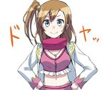  :&gt; blue_eyes breasts brown_hair cleavage hair_ornament hanamuke hands_on_hips highres jewelry kousaka_honoka love_live! love_live!_school_idol_project love_marginal medium_breasts midriff navel necklace one_side_up scarf smug solo stomach v-shaped_eyebrows 