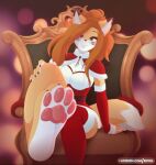 animated anthro biped breasts canid canine chair clothed clothing eipril eyelashes feet female foot_focus fox fur furniture legwear mammal multicolored_body pawpads pupils sitting smile thigh_highs