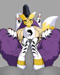 anthro bandai_namco breasts canid canine claws clothed clothing digimon digimon_(species) duo feet female foot_fetish foot_play footjob fox fur grey_body grey_skin hi_res humanoid male male/female mammal sex sysdott taomon toe_claws white_body white_fur yellow_body yellow_fur