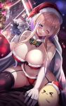  &gt;_&lt; 1boy 1girl ;p absurdres azur_lane bag bell bikini black_shirt black_thighhighs blonde_hair blue_eyes blurry blurry_background blush breasts christmas christmas_tree cleavage commentary_request detached_collar garter_straps gloves hair_ornament hairclip hat highres large_breasts long_hair looking_at_viewer manjuu_(azur_lane) marblehead_(azur_lane) multicolored_hair navel neck_bell one_eye_closed purple_hair santa_bikini santa_hat shirt sidelocks sitting sitting_on_person streaked_hair swimsuit thighhighs tongue tongue_out two-tone_hair variant_set white_gloves yuuzuki_hijiri 