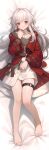  1girl absurdres bare_legs barefoot brown_sweater clara_(honkai:_star_rail) closed_mouth commentary_request dakimakura_(medium) feet full_body highres honkai:_star_rail honkai_(series) incredibly_absurdres jacket knees_together_feet_apart legs long_hair long_sleeves lying o-ring o-ring_thigh_strap on_back red_eyes red_jacket solo sweater thigh_strap toenails toes welt_(kinsei_koutenkyoku) white_hair 