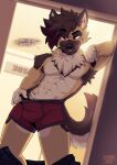 anthro bedroom_eyes brown_hair bulge canid canine canis clothed clothing crotch_tuft diasuke77 domestic_dog fur german_shepherd hair herding_dog hi_res male mammal muscular muscular_anthro muscular_male narrowed_eyes pastoral_dog seductive smile solo standing_in_doorway tan_body tan_fur tuft underwear underwear_only