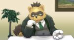 2023 absurd_res anthro belly black_nose brown_body brown_fur canid canine clothing fur green_eyes hi_res humanoid_hands kemono male mammal necktie overweight overweight_male plant raccoon_dog rockmai3 sengoku_puzzle shirt solo tanuki tokugawa_ieyasu topwear