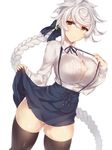  alternate_costume ass_visible_through_thighs asymmetrical_hair black_legwear bow braid breasts bursting_breasts button_gap casual cowboy_shot hair_between_eyes hair_bow impossible_clothes jitome kantai_collection large_breasts lifted_by_self light_smile long_hair long_sleeves looking_at_viewer meme_attire panties shirt silver_hair single_braid skindentation skirt solo suspender_skirt suspenders suspenders_pull thighhighs thighs underwear unryuu_(kantai_collection) very_long_hair virgin_killer_outfit white_panties white_shirt yamaarashi yellow_eyes 