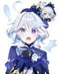  ! 1girl ahoge ascot asymmetrical_gloves black_gloves blue_ascot blue_brooch blue_eyes blue_gemstone blue_hair blue_headwear blue_jacket chibi chibi_inset drop-shaped_pupils emoticon furina_(genshin_impact) gem genshin_impact genshin_impact_sticker_redraw_(meme) gloves hat heterochromia highres jacket light_blue_hair long_sleeves looking_at_viewer meme mismatched_gloves mismatched_pupils multicolored_hair short_hair solo streaked_hair surprised top_hat uzukin_(uzu_kazu411) white_background white_gloves white_hair 