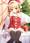  1girl :t arms_at_sides bag bare_shoulders black_ribbon black_thighhighs blonde_hair blue_eyes blurry blurry_background blush christmas christmas_tree closed_mouth collarbone dress embarrassed eyelashes feet_out_of_frame fur-trimmed_dress fur-trimmed_sleeves fur_trim gift gift_bag hair_intakes hair_ribbon hat head_tilt highres hiragana_iroiro holding holding_bag long_hair long_sleeves off-shoulder_dress off_shoulder panties panty_peek pom_pom_(clothes) pout ribbon santa_costume santa_dress santa_hat sidelocks sitting solo straight_hair thigh_gap thighhighs two_side_up underwear very_long_hair white_panties zettai_ryouiki 