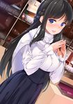  amasora_taichi black_hair blue_eyes blush braid breasts capelet dutch_angle highres large_breasts long_hair looking_at_viewer meme_attire original parted_lips smile solo virgin_killer_outfit 