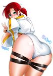 aqua_eyes ass bad_id bad_pixiv_id bent_over blush boudica_(fate/grand_order) bouncing_ass bouncing_breasts breasts fate/grand_order fate_(series) huge_breasts looking_at_viewer looking_back perepere-kun red_hair short_hair shrug_(clothing) simple_background skindentation smile solo thick_thighs thighs translation_request v white_background 