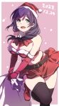  1girl alternate_costume aqua_eyes bare_shoulders belt black_belt black_thighhighs boots bow bowtie breasts christmas cleavage dated duke_(inu_daimyou) elbow_gloves gloves large_breasts long_hair looking_at_viewer love_live! love_live!_school_idol_project open_mouth purple_hair red_bow red_bowtie red_footwear red_gloves red_skirt skirt solo standing standing_on_one_leg thighhighs thighs toujou_nozomi zettai_ryouiki 
