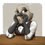 anthro avian bartender bird black_tie_(suit) bow_tie bust_portrait clothed clothing cute_expression female fish_birb half-closed_eyes hi_res millie_(fish_birb) narrowed_eyes oscine passerine portrait shirt sitting solo starling_(bird) suit topwear uniform vest waiter waiter_suit