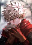 1boy absurdres alternate_costume bakugou_katsuki black_coat blonde_hair boku_no_hero_academia breath brown_gloves coat cold earrings esora-arts gloves highres jewelry male_focus red_eyes red_scarf scarf short_hair solo spiked_hair winter_clothes 