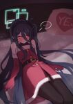  &lt;key&gt;_(blue_archive) ... 1girl absurdly_long_hair bed bed_sheet belt black_belt black_hair black_pantyhose blue_archive blush christmas closed_mouth dress green_halo halo highres hizikata398 long_hair long_sleeves pantyhose red_dress red_eyes santa_costume solo spoken_ellipsis very_long_hair yes-no_pillow 