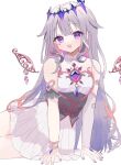  1girl bare_shoulders bracelet chest_jewel corset crown detached_wings dress gem hair_flaps highres hololive hololive_english jewelry koseki_bijou long_hair nail_polish open_mouth purple_gemstone purple_hair sidelocks smile solo very_long_hair white_dress wings yau_106 