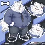 2023 anthro belly big_belly bottomwear canid canine canis clothing domestic_dog fur hi_res kemono male mammal necktie overweight overweight_male pants shirt solo tongue tongue_out topwear white_body white_fur yuyuitudou